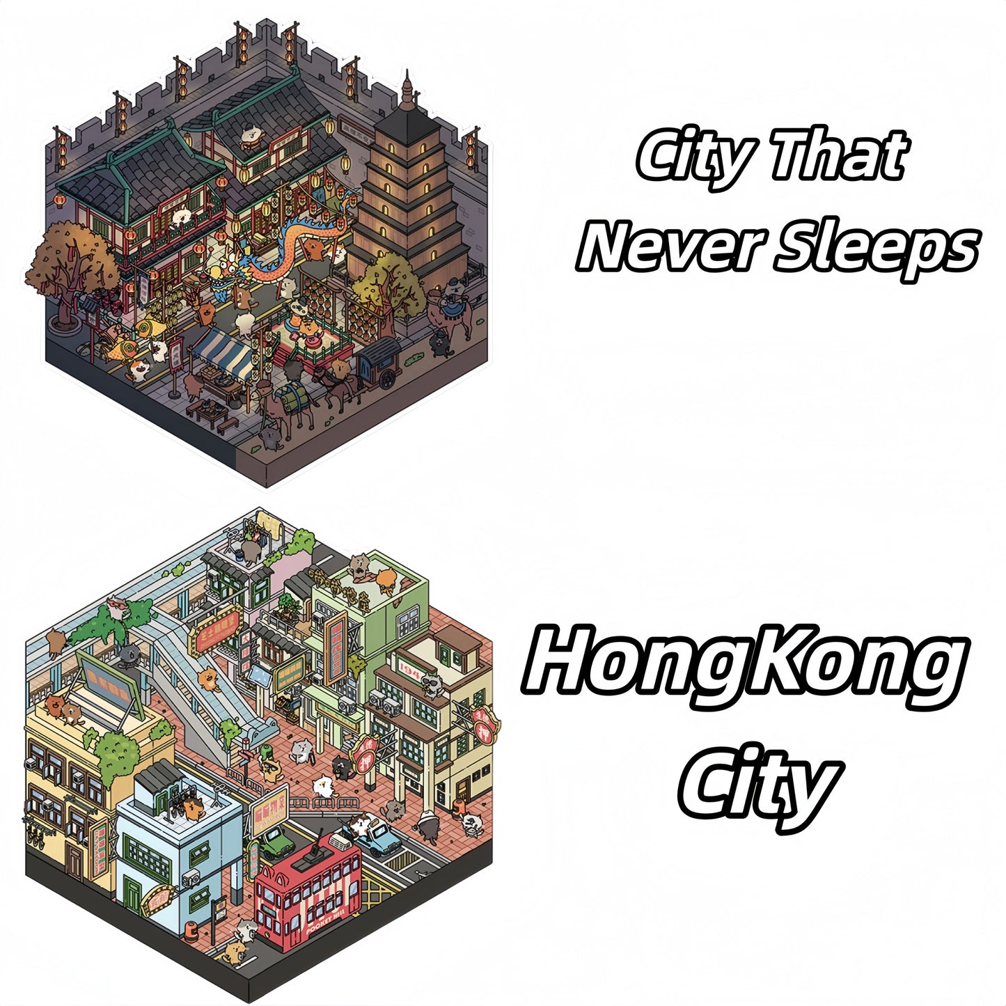 Flat Cat Pixel 3D Sticker | 2 Cute Miniature Scenes