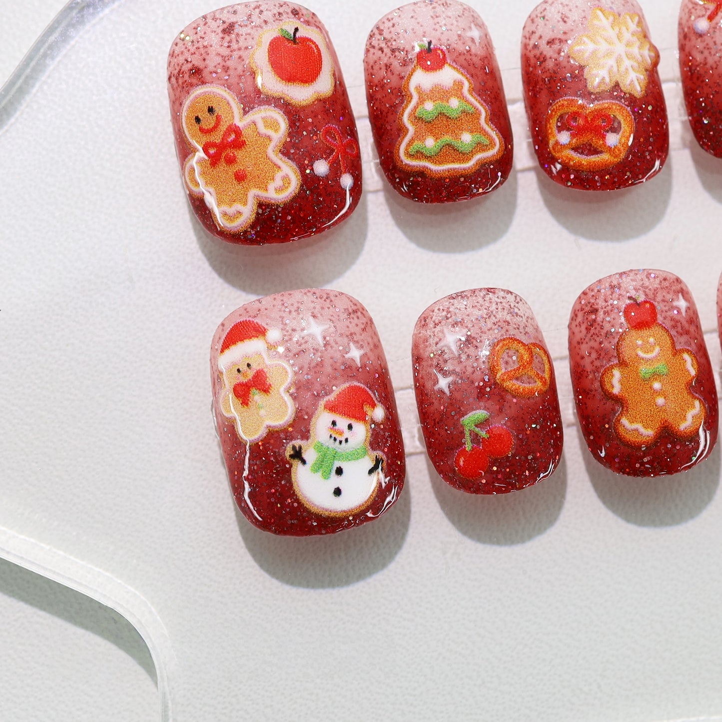 Red Gradient Shinny Hand-painted Cartoon Christmas Nail - Medium Square
