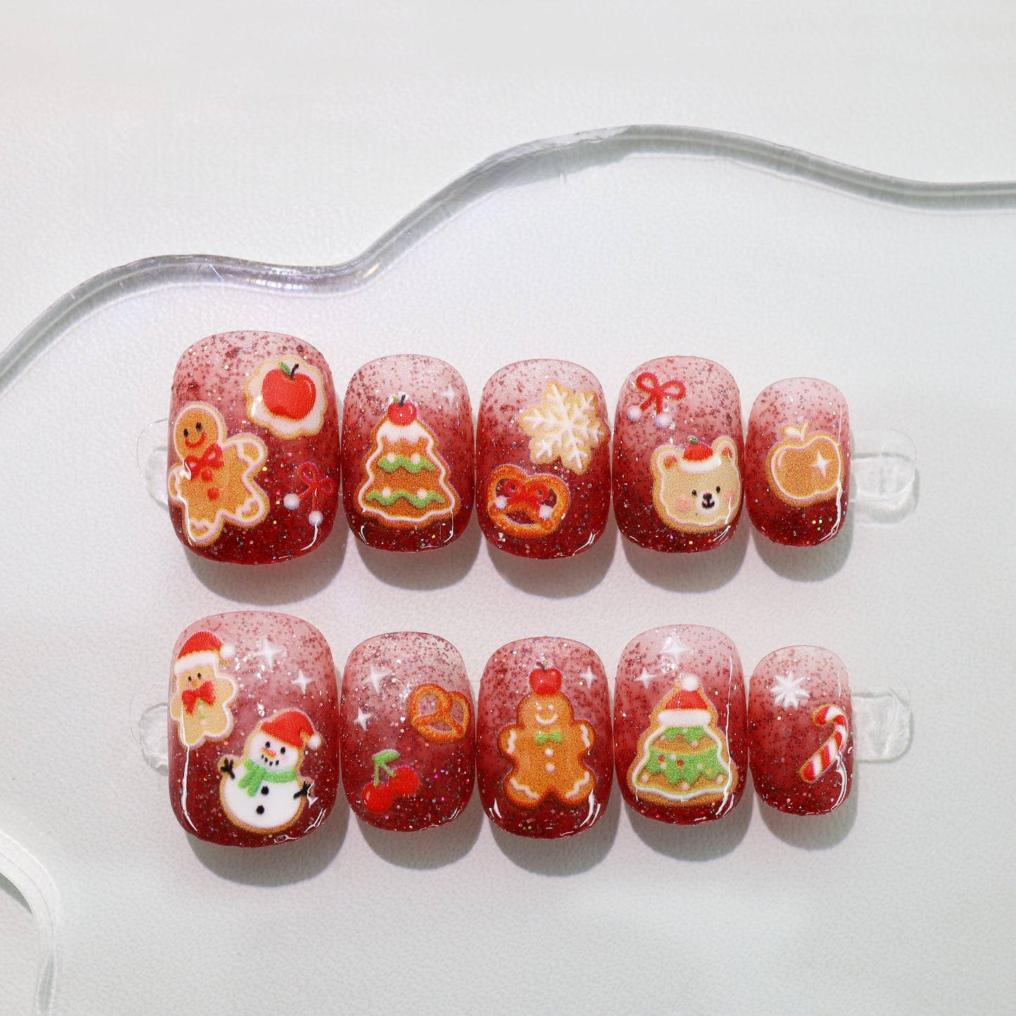 Red Gradient Shinny Hand-painted Cartoon Christmas Nail - Medium Square