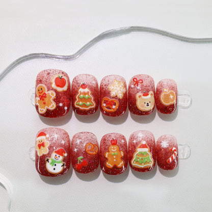 Red Gradient Shinny Hand-painted Cartoon Christmas Nail - Medium Square