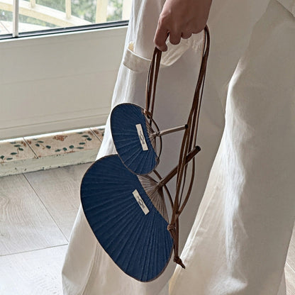 Bamboo Frame Denim Fan with Hanging Rope