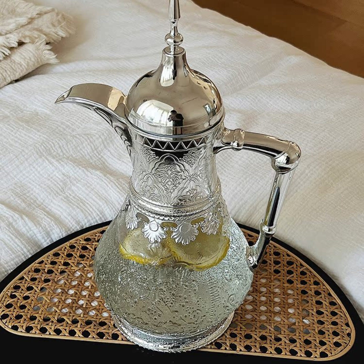 Vintage Carved Embossed Glass Water Pitcher