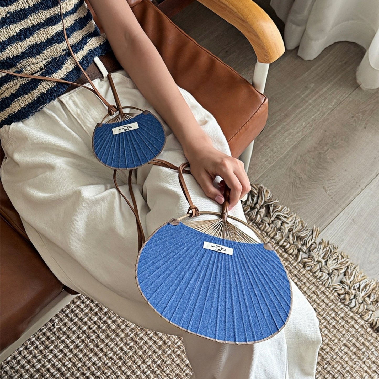Bamboo Frame Denim Fan with Hanging Rope