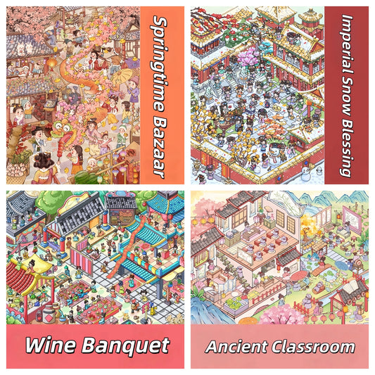 Ancient Chinese Delights 3D Sticker | 4 Cute Miniature Scenes