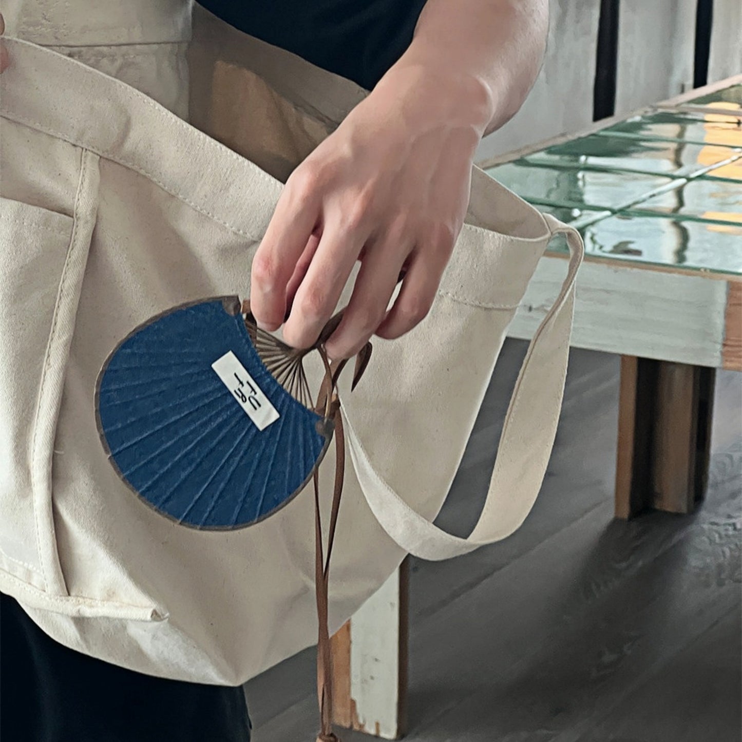 Bamboo Frame Denim Fan with Hanging Rope