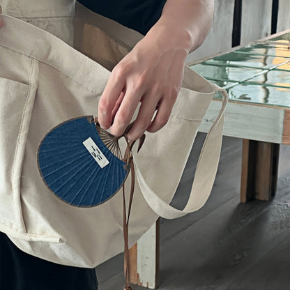 Bamboo Frame Denim Fan with Hanging Rope
