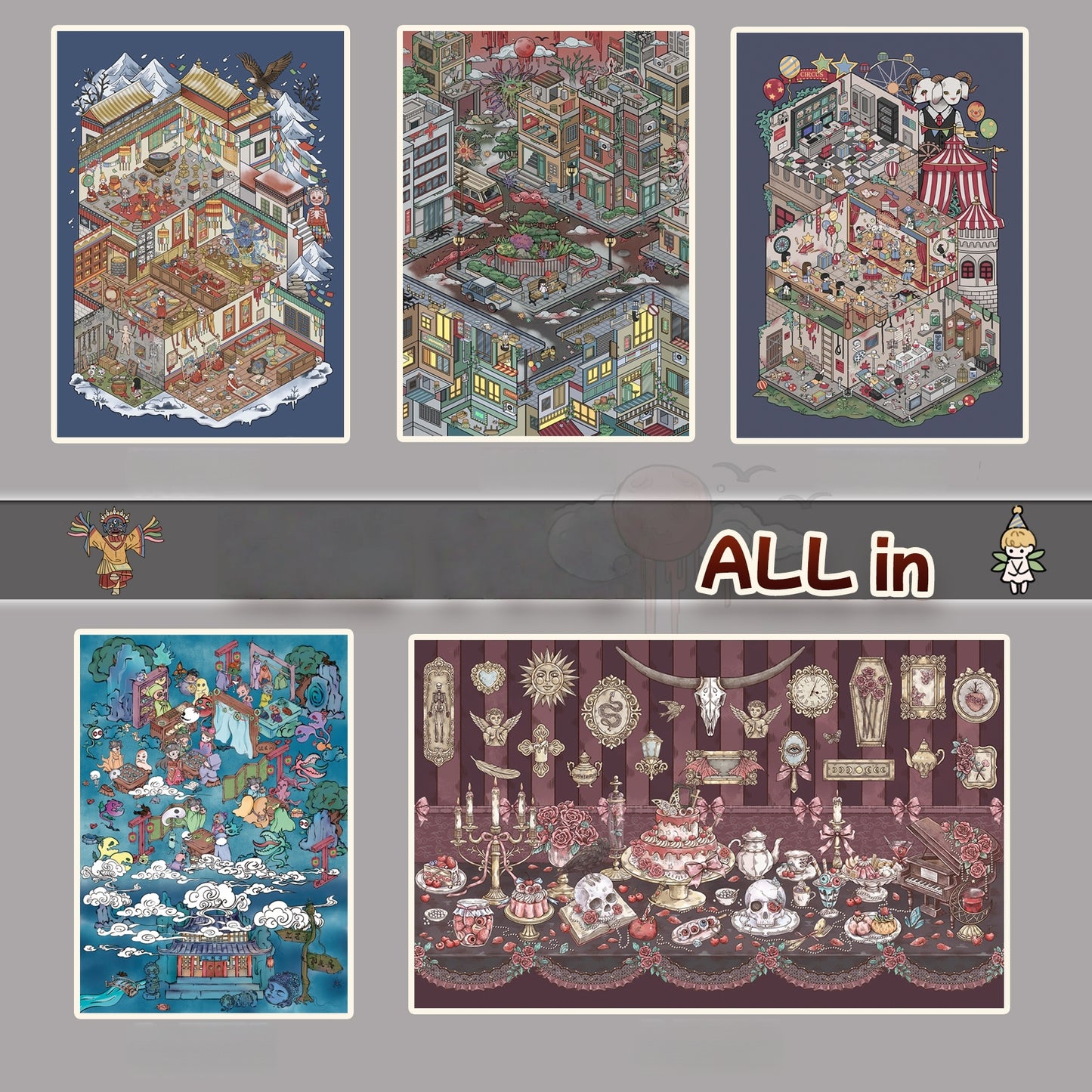 Horror Architecture 3D Sticker | 5 Cute Miniature Scenes