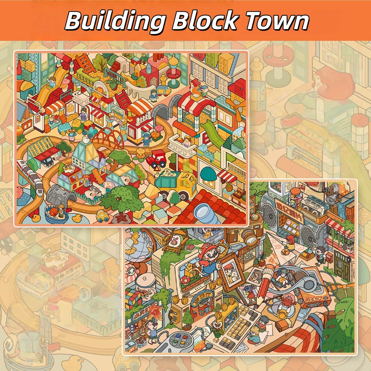 Building Block Town 3D Sticker | 2 Cute Miniature Scenes