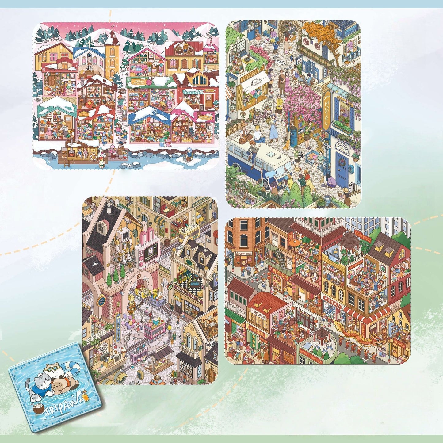 Four Towns 3D Sticker | 4 Cute Miniature Scenes