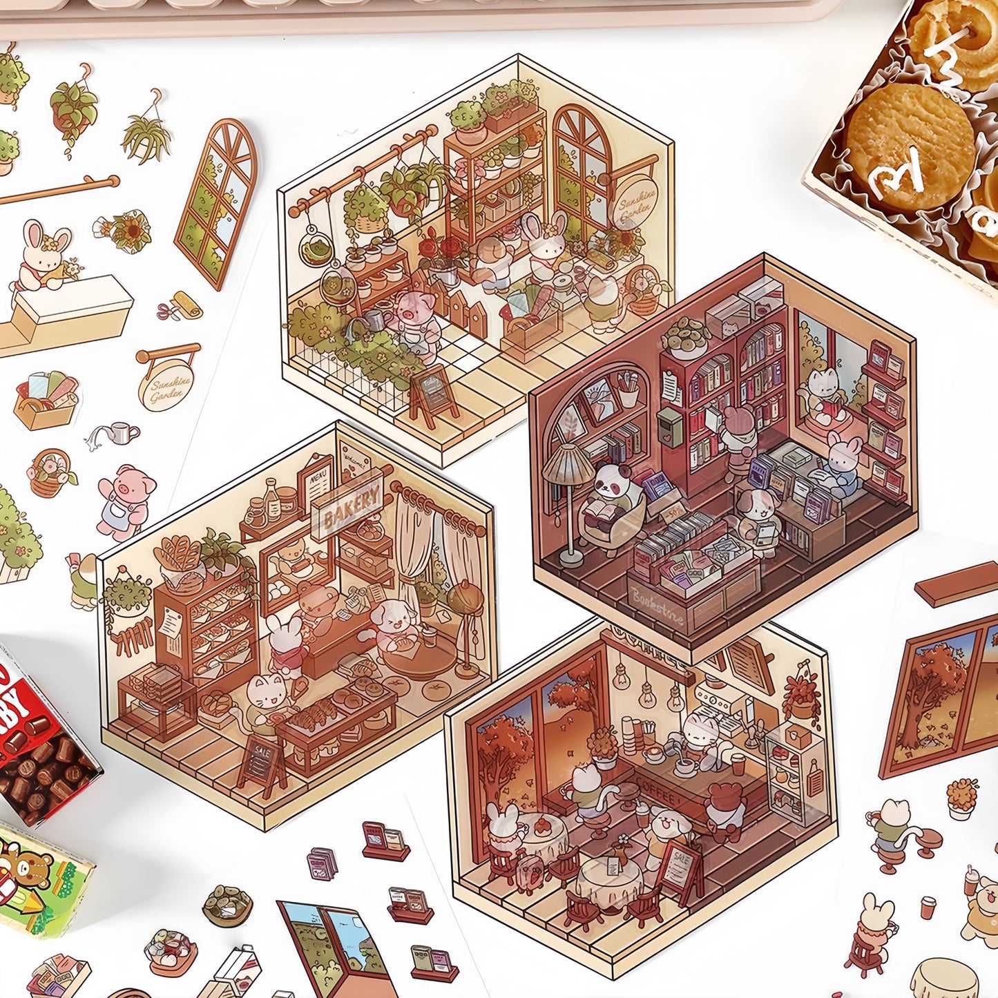 Paw's Shop 3D Sticker | 4 Cute Miniature Scenes