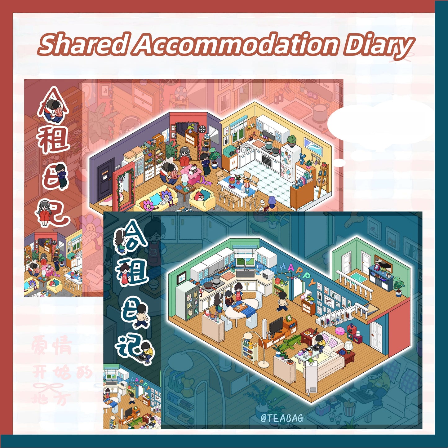 Shared Accommodation Diary 3D Sticker | 2 Cute Miniature Scenes