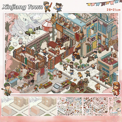 Chinese Town 3D Sticker | 2 Cute Miniature Scenes
