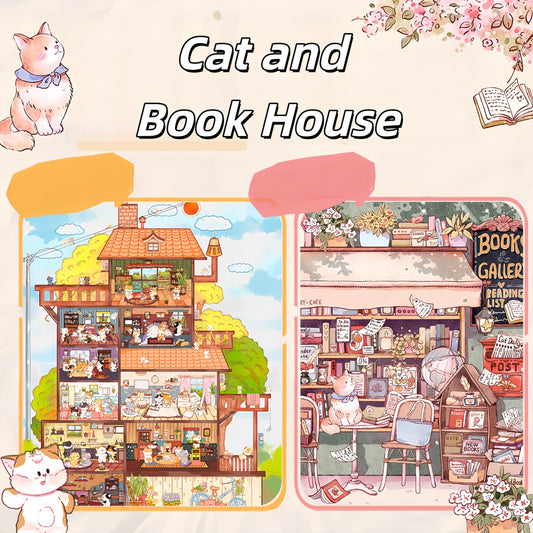 Cat and Book House 3D Sticker | 2 Cute Miniature Scenes