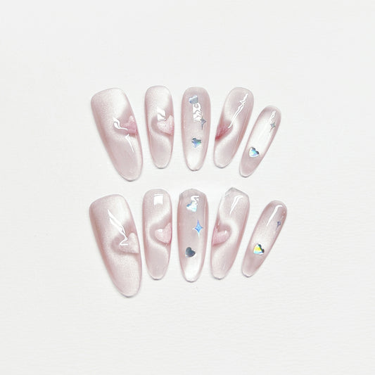 Pink Heart Cat-eye Nail - Long Almond