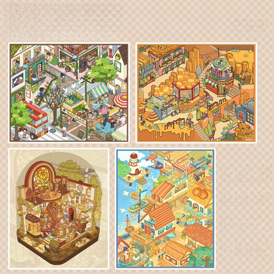 Scenic Towns 3D Sticker | 4 Cute Miniature Scenes