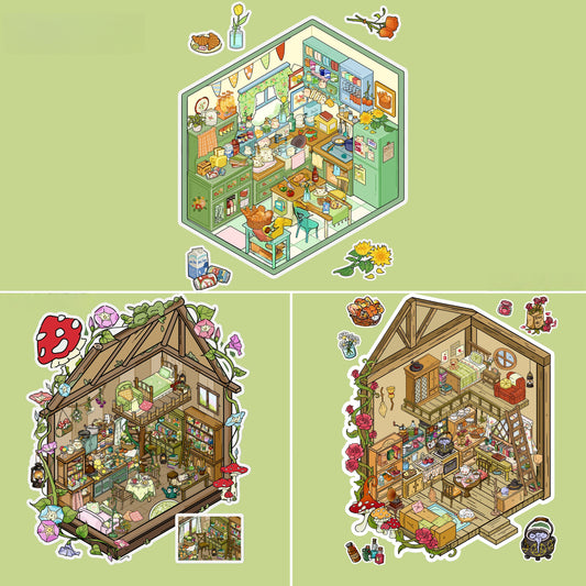 Avocado Green Cottage 3D Sticker | 3 Cute Miniature Scenes