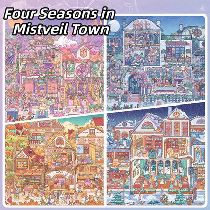 Four Seasons in Mistveil Town 3D Sticker | 4 Cute Miniature Scenes