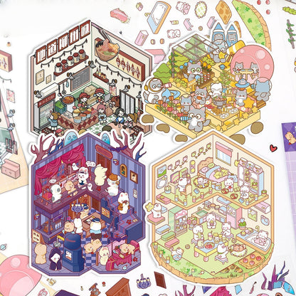 Cute Cartoon 3D Sticker | 4 Cute Miniature Scenes