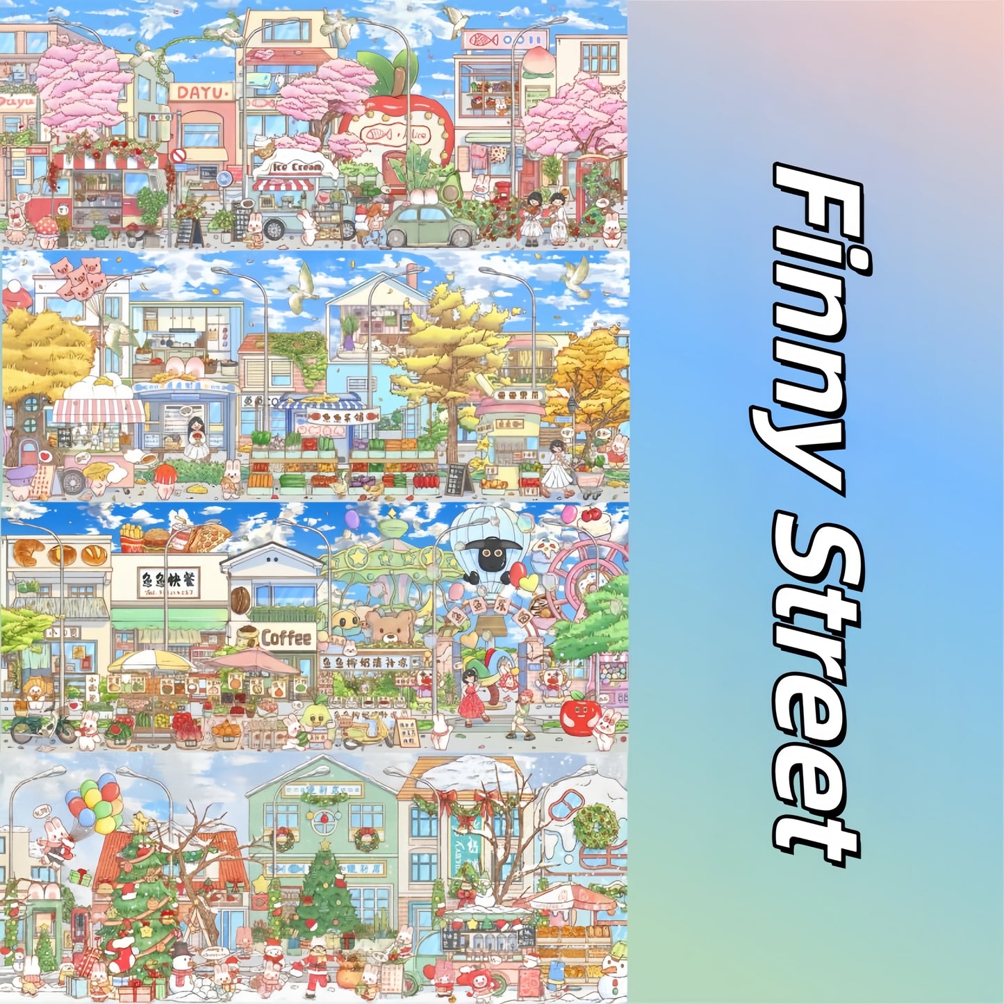 Finny Street 3D Sticker | 4 Cute Miniature Scenes