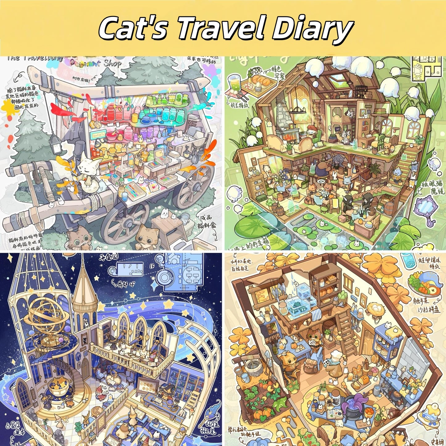 Cat's Travel Diary 3D Sticker | 4 Cute Miniature Scenes