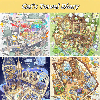 Cat's Travel Diary 3D Sticker | 4 Cute Miniature Scenes