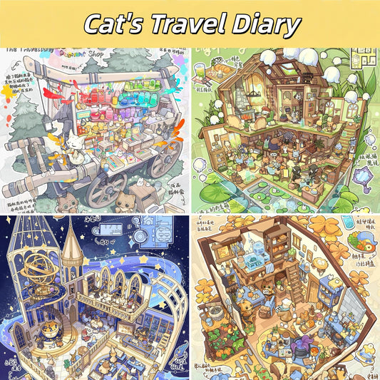 Cat's Travel Diary 3D Sticker | 4 Cute Miniature Scenes