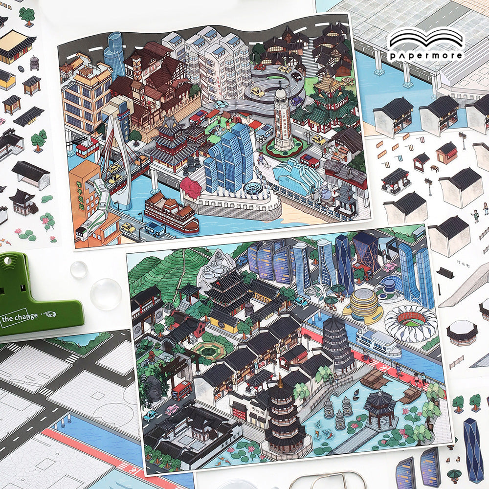 Chinese City 3D Sticker | 2 Cute Miniature Scenes