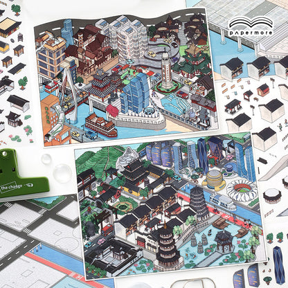 Chinese City 3D Sticker | 2 Cute Miniature Scenes