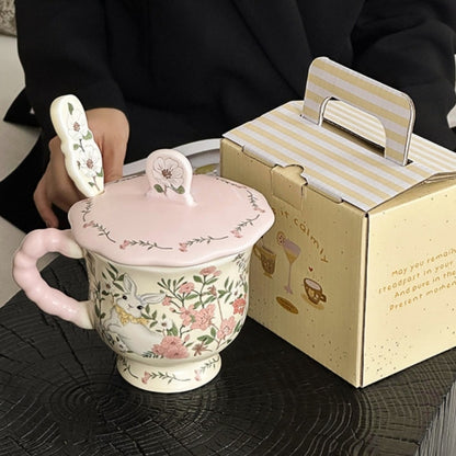 Rabbit Among Flowers Ceramic Mug with Lid and Spoon