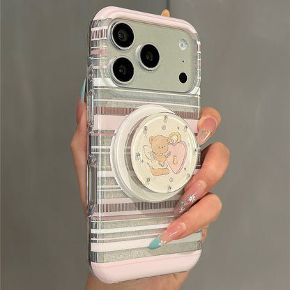 Pink Striped Glitter Angel Bear Magnetic Stand Acrylic Phone Case