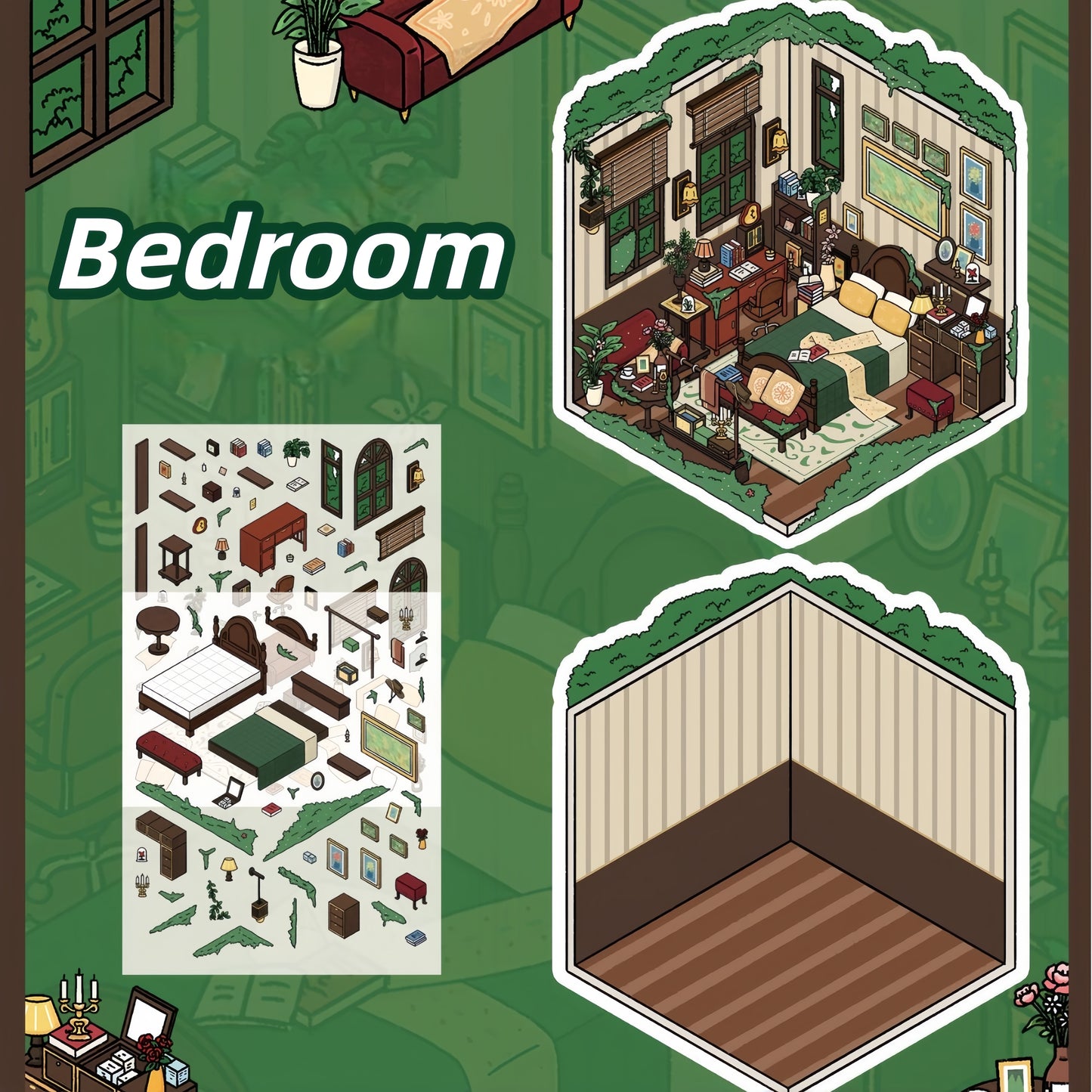 Green Invasion 3D Sticker | 4 Cute Miniature Scenes