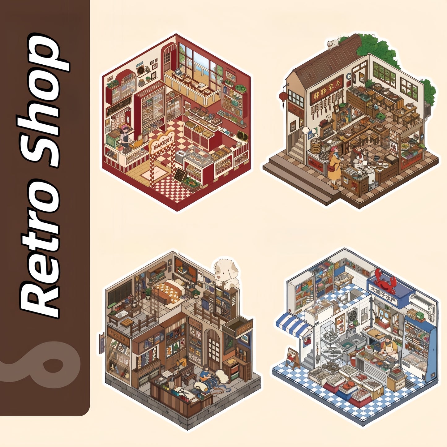 Retro Shop 3D Sticker | 4 Cute Miniature Scenes