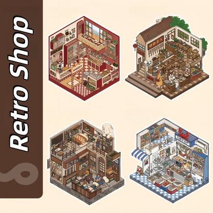 Retro Shop 3D Sticker | 4 Cute Miniature Scenes