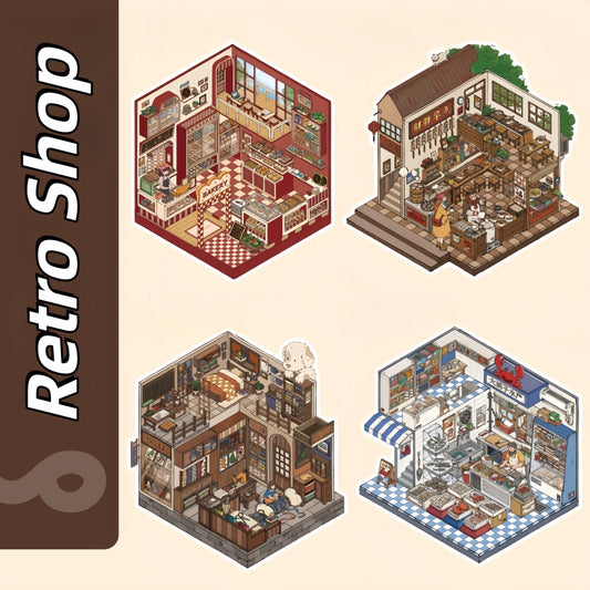 Retro Shop 3D Sticker | 4 Cute Miniature Scenes