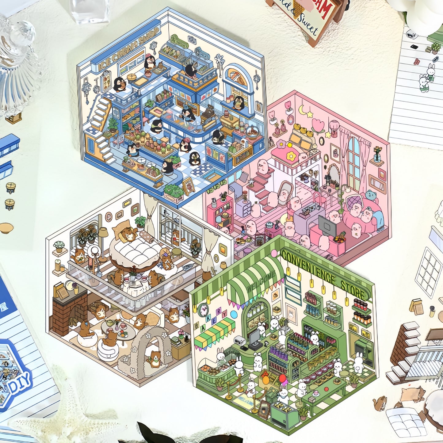 Tiny Animal's Shop 3D Sticker | 4 Cute Miniature Scenes