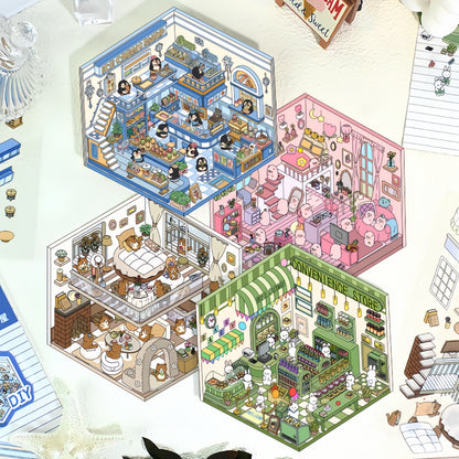 Tiny Animal's Shop 3D Sticker | 4 Cute Miniature Scenes