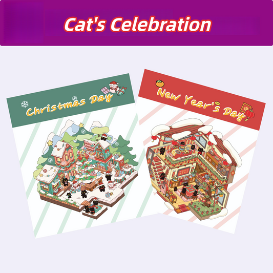 Cat's Celebration 3D Sticker | 2 Cute Miniature Scenes