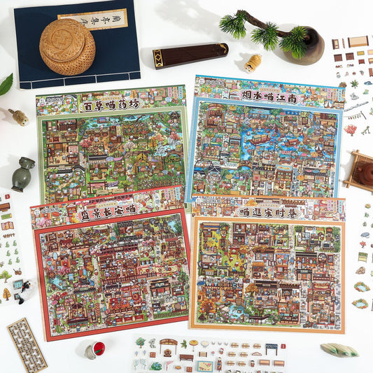 Ancient Alley Cat Adventure 3D Sticker | 4 Cute Miniature Scenes