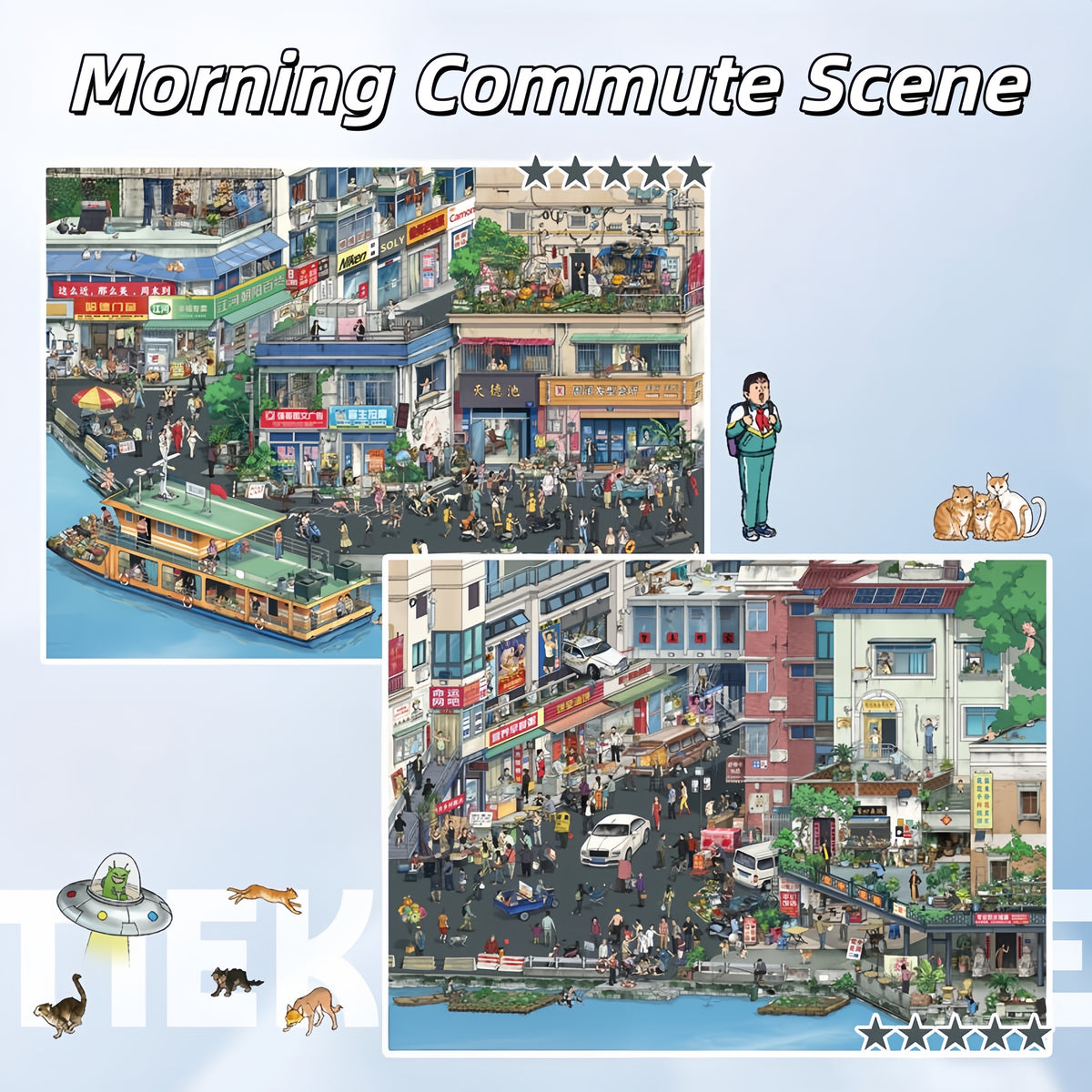 Morning Commute Scene 3D Sticker | 2 Cute Miniature Scenes
