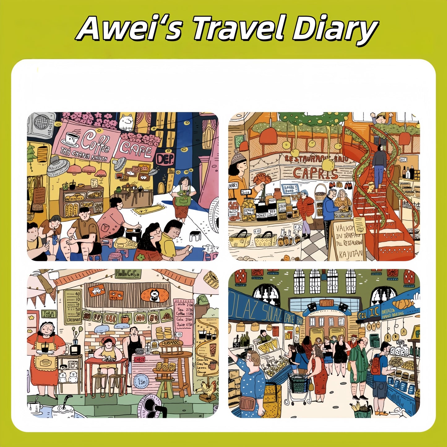 Awei‘s Travel Diary 3D Sticker | 4 Cute Miniature Scenes