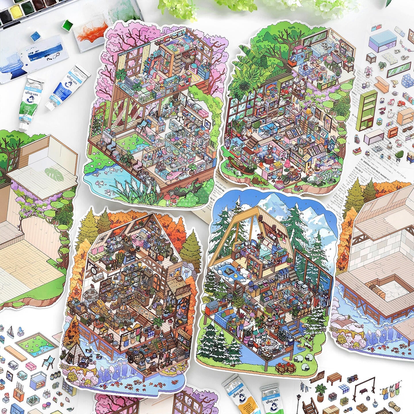Four Seasons Retreat 3D Sticker | 4 Cute Miniature Scenes