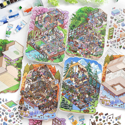 Four Seasons Retreat 3D Sticker | 4 Cute Miniature Scenes