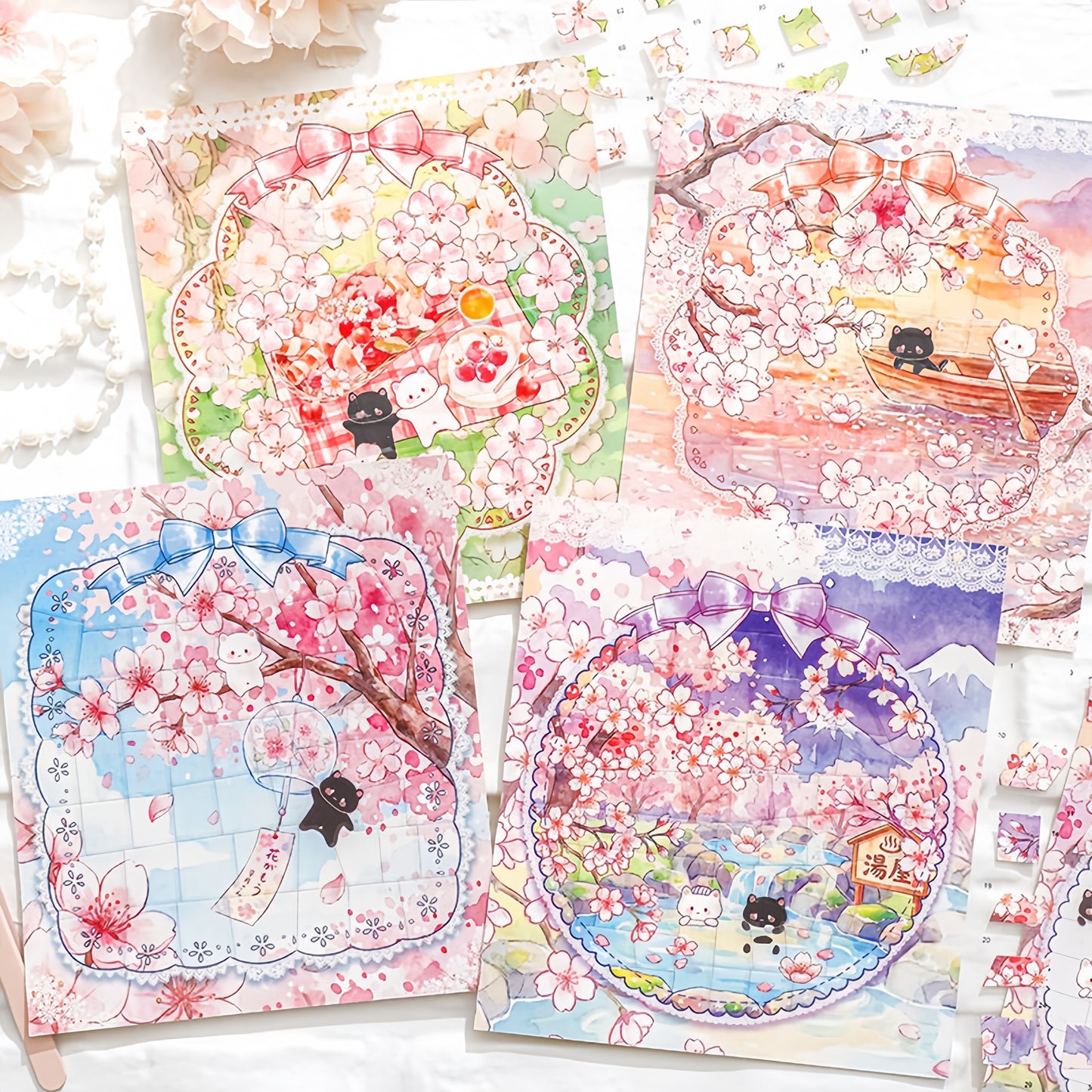 Cat Town Sakura Rain 3D Sticker | 4 Cute Miniature Scenes