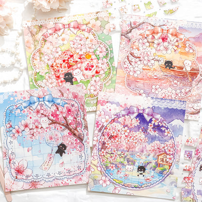 Cat Town Sakura Rain 3D Sticker | 4 Cute Miniature Scenes