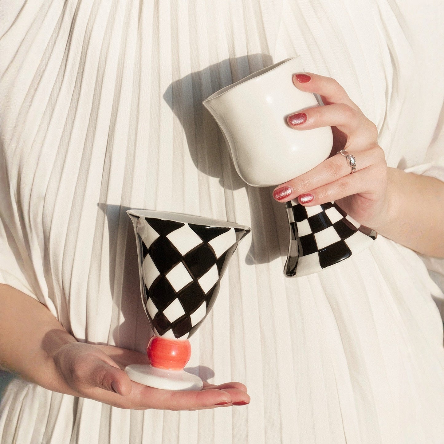Hand-Pinched Checkerboard Ceramic Goblet