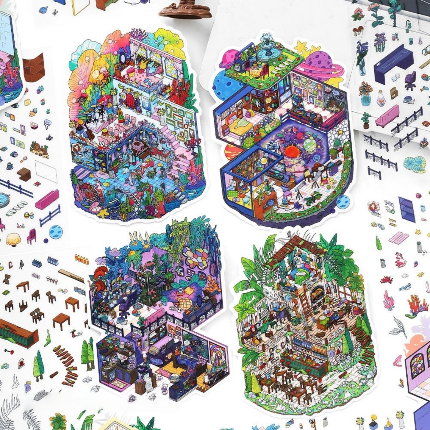 Curious Realms 3D Sticker | 4 Cute Miniature Scenes