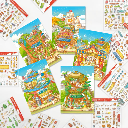 Piggy Street 3D Sticker | 5 Cute Miniature Scenes