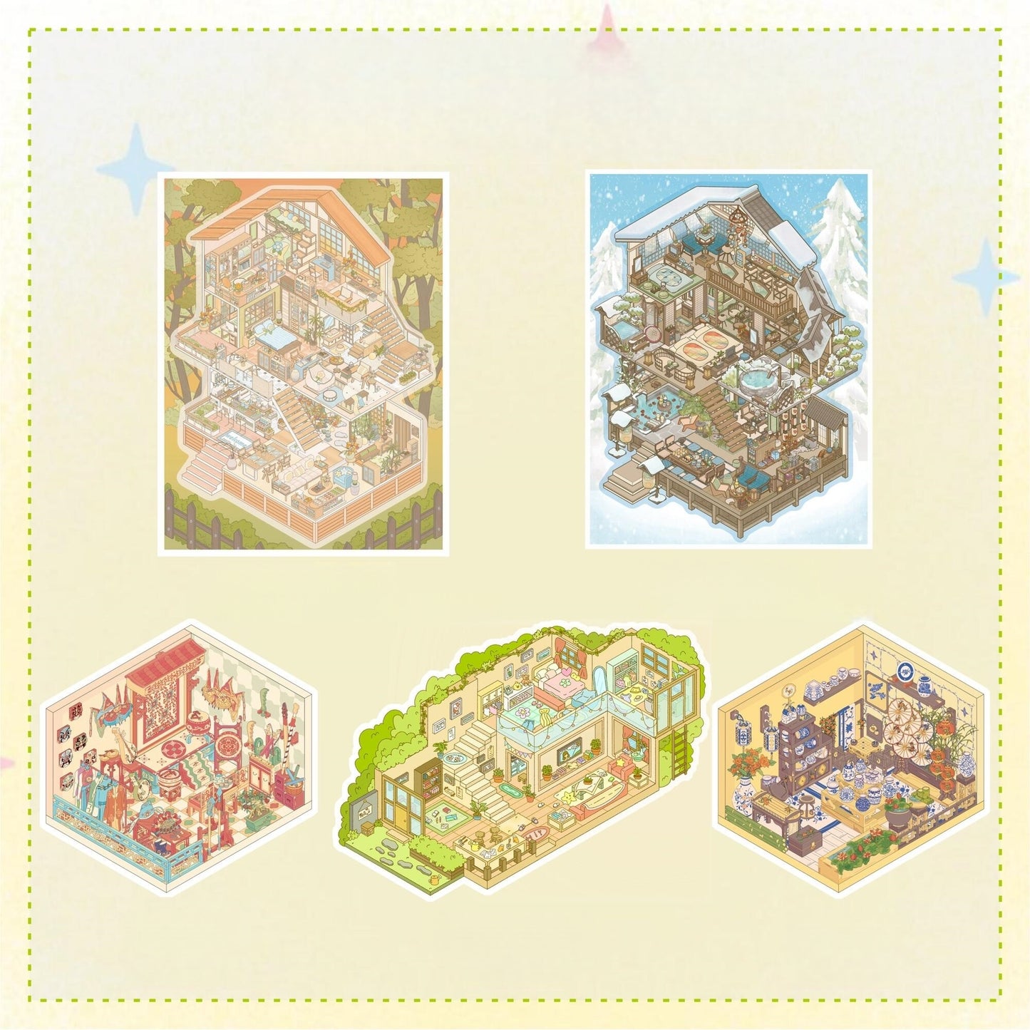 Cozy Rooms 3D Sticker | 5 Cute Miniature Scenes