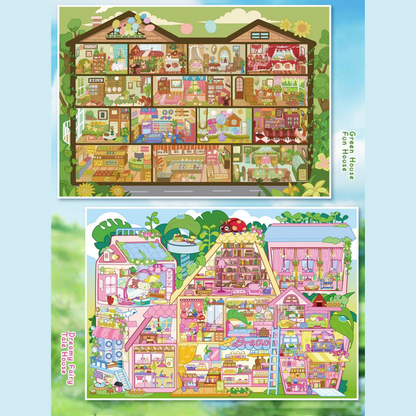 Grid House 3D Sticker | 2 Cute Miniature Scenes