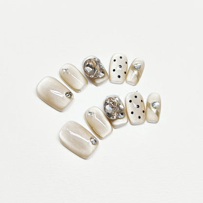 White Cat-Eye Polka Dot French Nails with Diamond - Medium Square